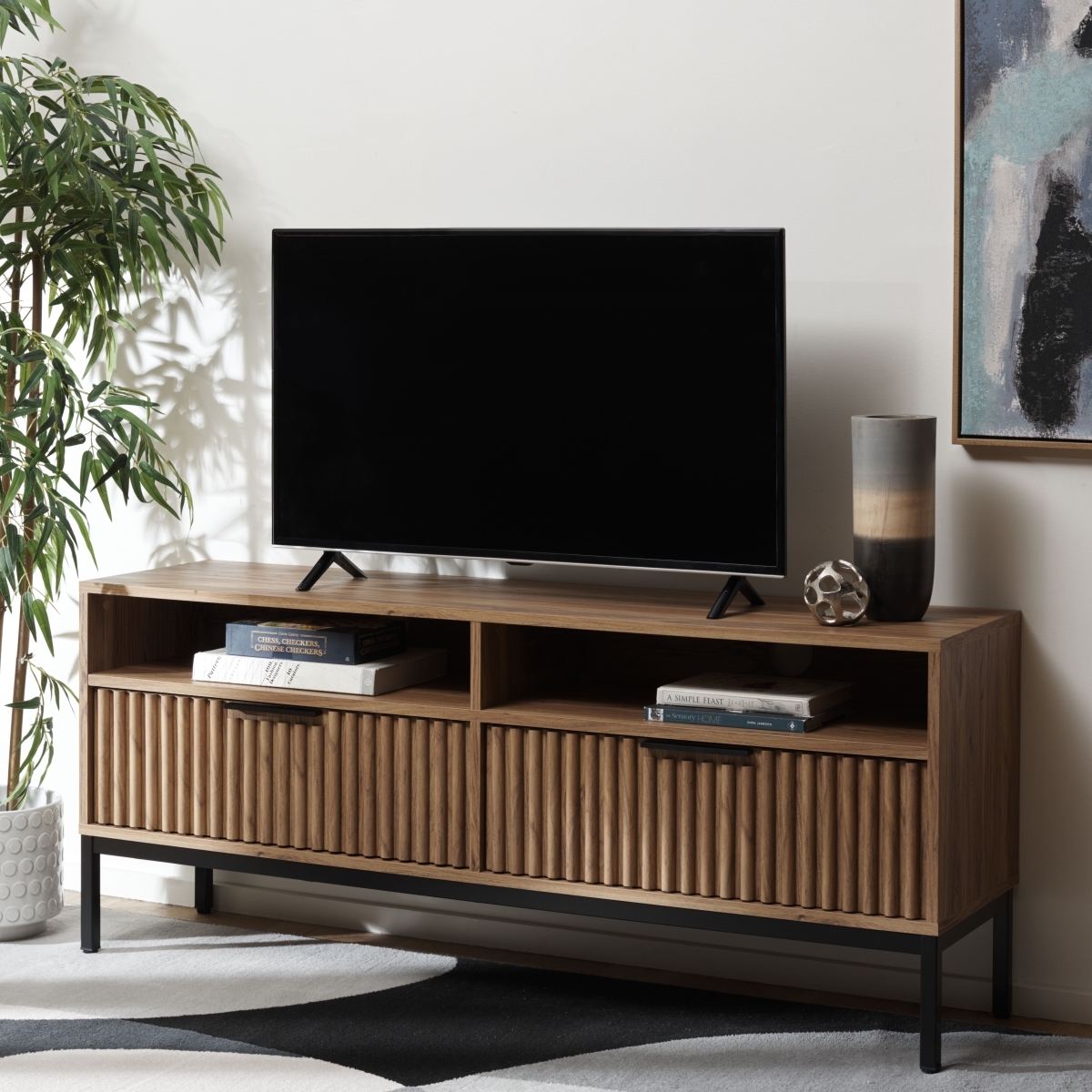 Lylia 2 Drawer 2 Shelf Media Stand - Oak / Black - Safavieh - Image 1