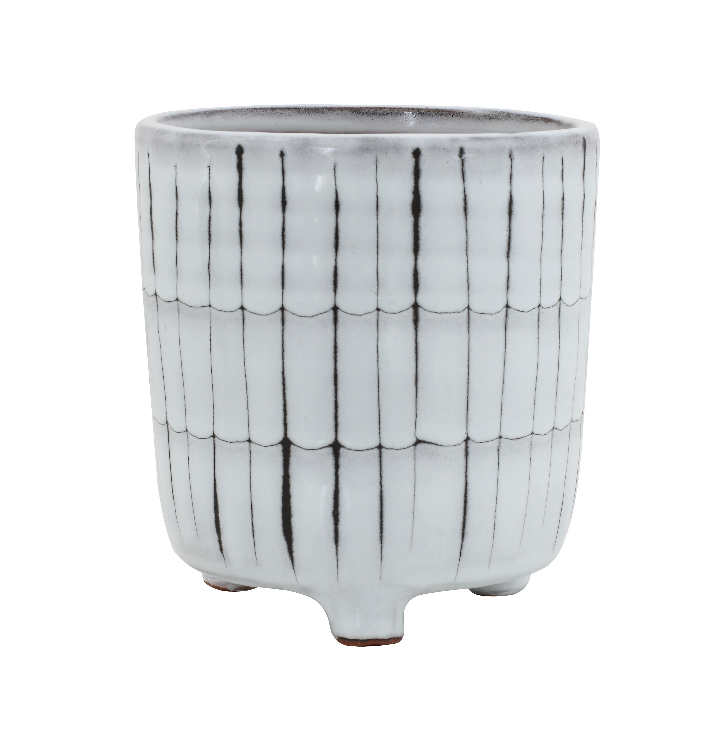 Decorative Terra-cotta Planter with Striped Design, White and Black - Image 0