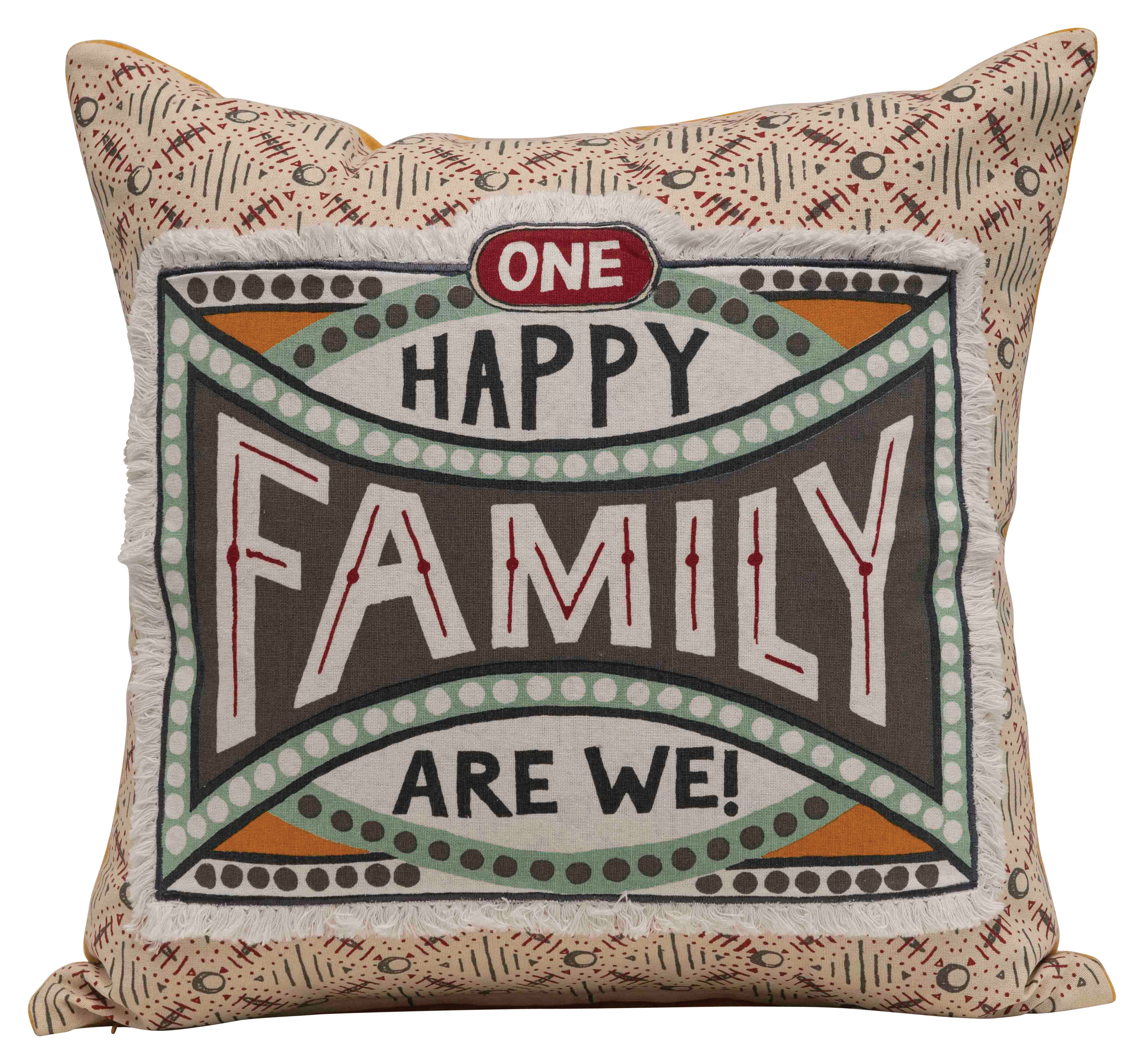 "One Happy Family Are We!" Reversible Cotton Stamp Pillow with Solid Back - Image 0