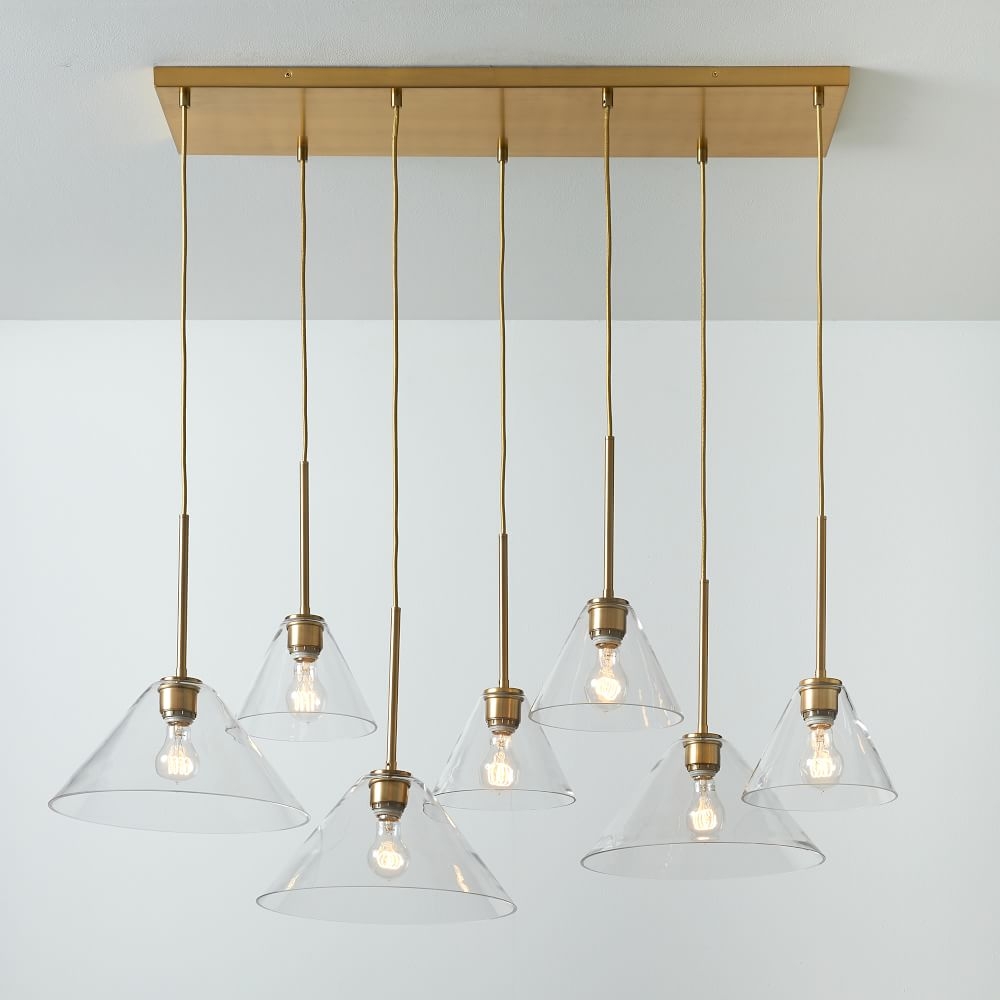 Sculptural 7 Light Chandelier Antique Brass Clear Glass Cone Mixed (45") - Image 0