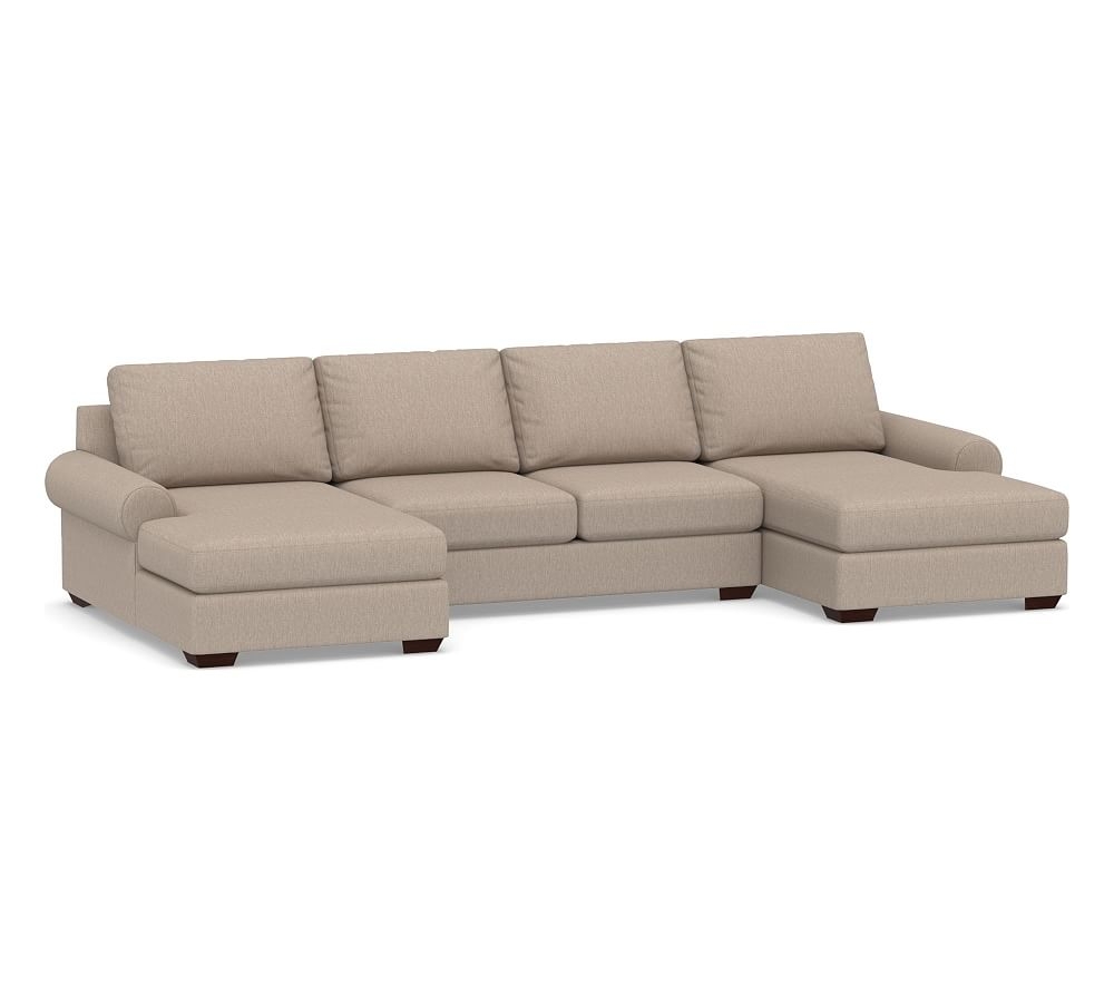 Big Sur Roll Arm Upholstered U-Chaise Loveseat Sectional, Down Blend Wrapped Cushions, Sunbrella(R) Performance Sahara Weave Mushroom - Image 0