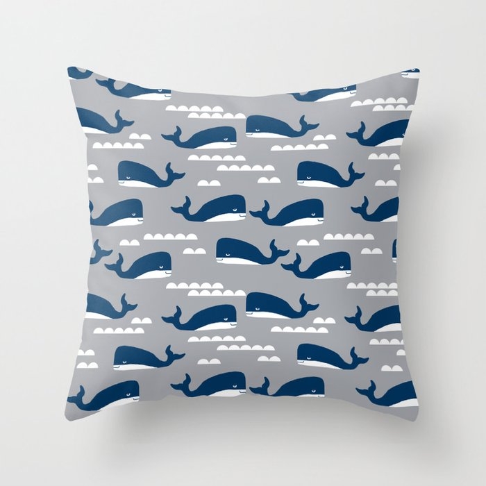 Whales Nautical Ocean Theme Grey Kids Room Nursery Boys Or Girls Decor Throw Pillow by Charlottewinter - Cover (24" x 24") With Pillow Insert - Indoor Pillow - Image 0