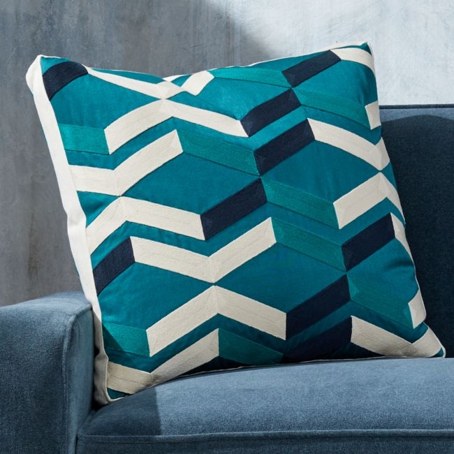 Pattern Teal Box Pillow with Feather-Down Insert 20" - Image 0