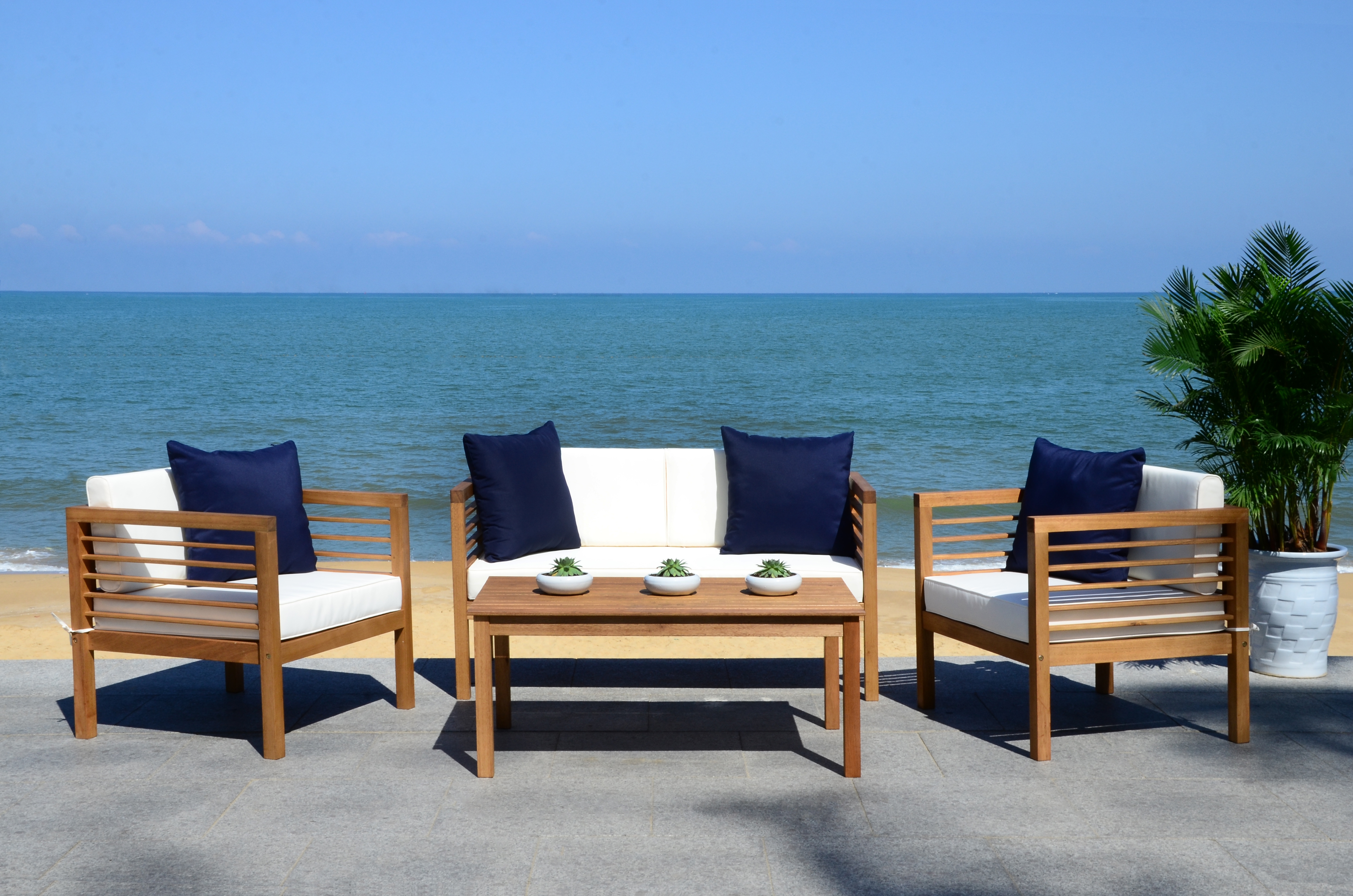 Alda 4 Piece Outdoor Set With Accent Pillows - Natural/White/Navy - Safavieh - Image 5