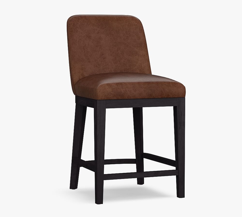 Layton Leather Counter Height Bar Stool, Black Leg, Signature Whiskey Pottery Barn Havenly