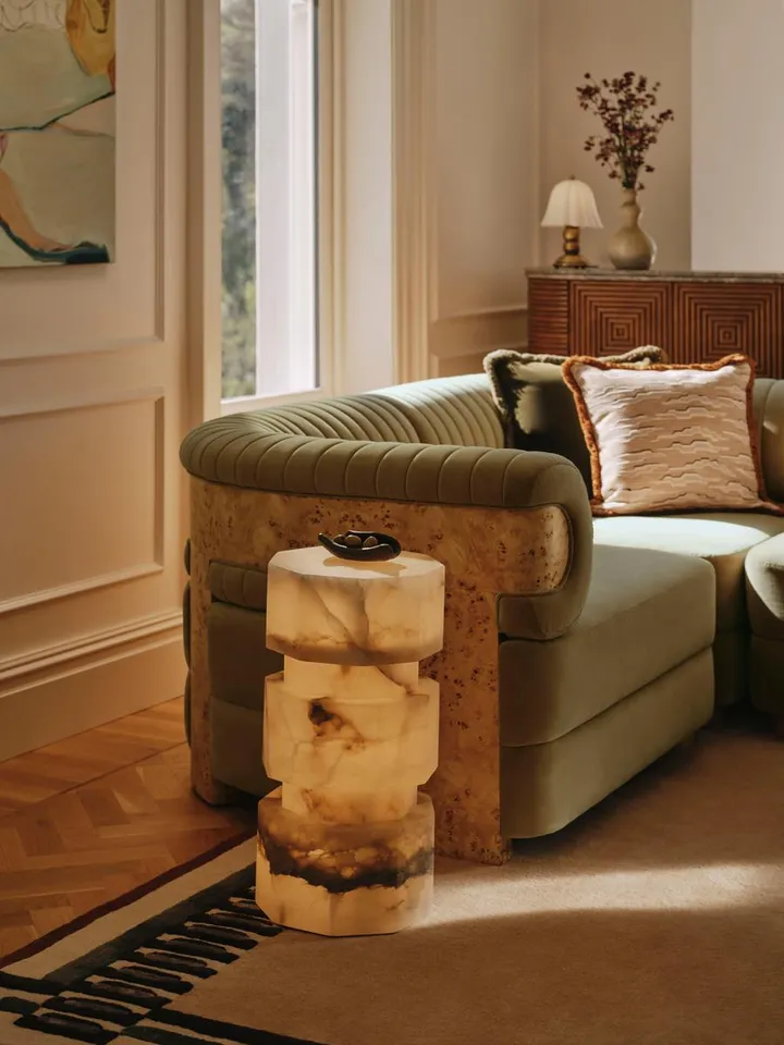 Caleb Sectional Sofa, Corner Sofa, Velvet, Lichen, Blonde Burl, US
