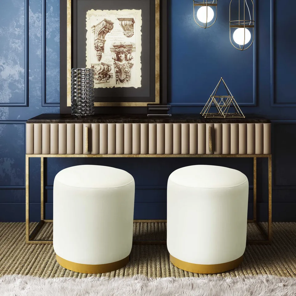 Opal Cream Velvet Ottoman with Gold Base