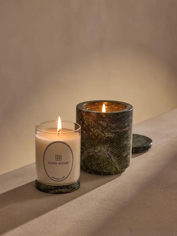 Leather & Oud Candle Set, Forest Green Marble, 250g