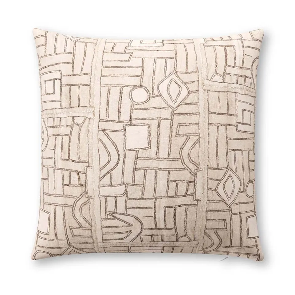 Ecru Maze Kuba Cloth Outdoor Pillow by St. Frank | Brown | 22" W x 22" H | Polyester