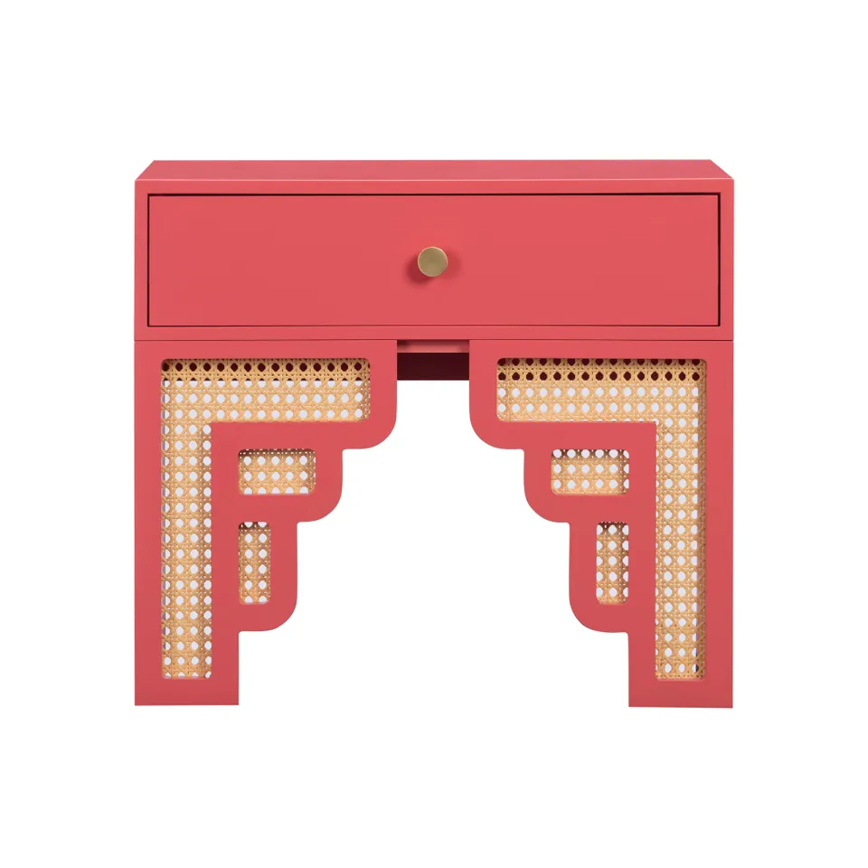 Suzie Coral Pink & Rattan Nightstand