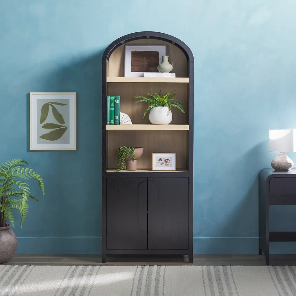 Modern 3 Shelf Open Arched Bookcase Cabinet - Black