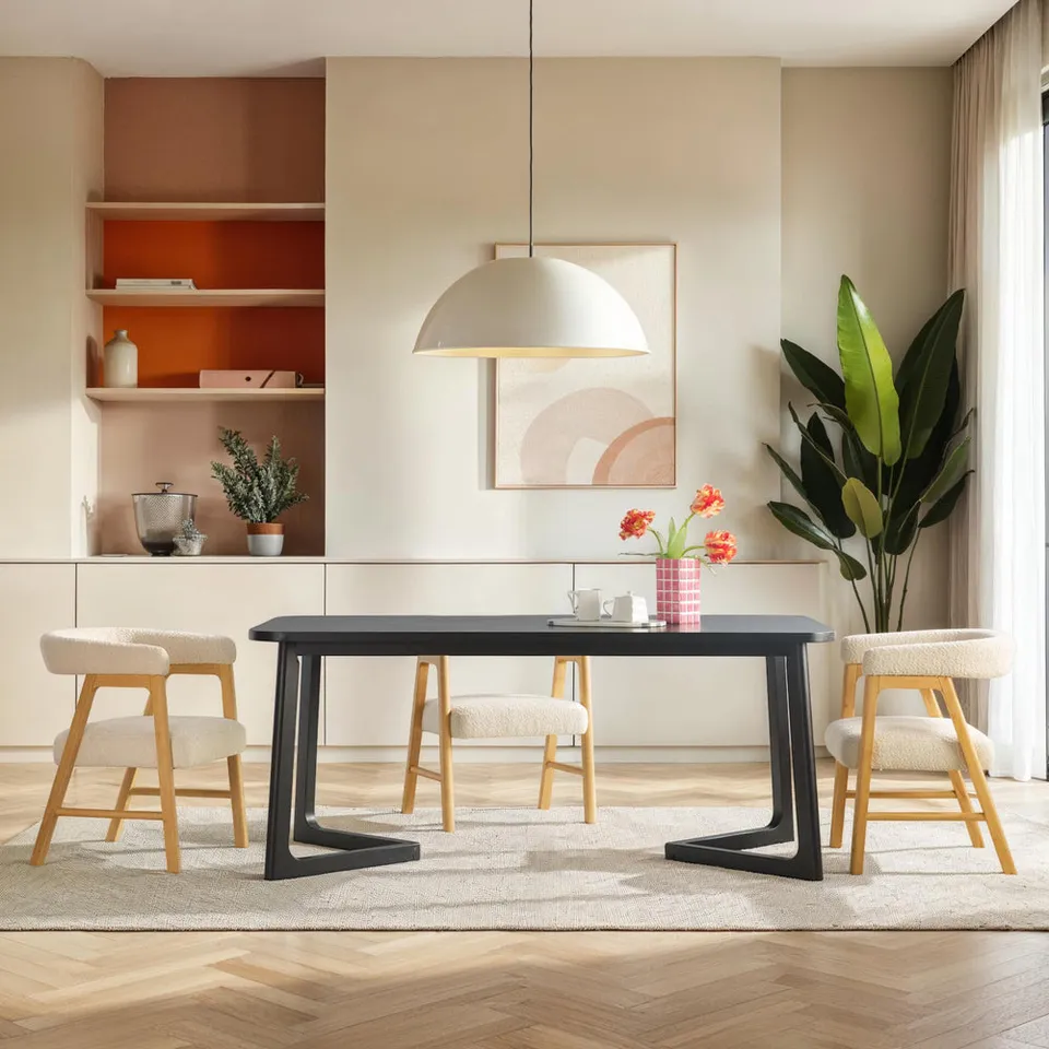 Modern Rectangle Dining Table for 6 with Geometric Leg Design - Black