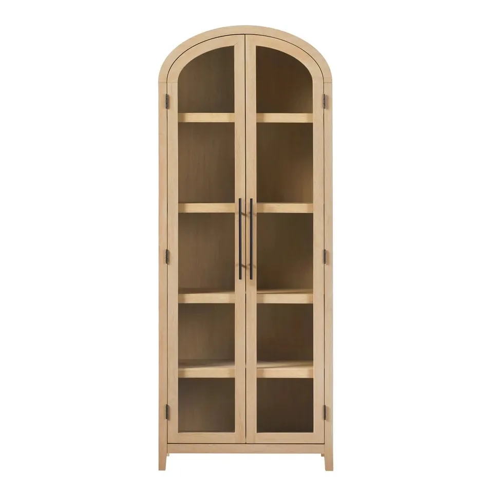 Modern 5 Shelf Arched Tall Bookcase with Glass Doors - Coastal Oak