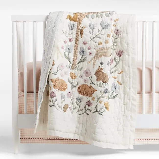 Wonderland Prairie Embroidered 100% Organic Cotton Voile Baby Crib Quilt