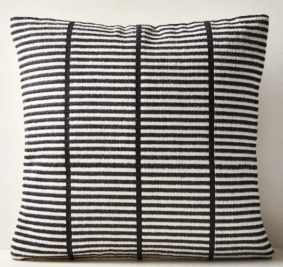 Stria Black and White Woven Silk Throw Pillow Cover 23''x23" by Ackerman