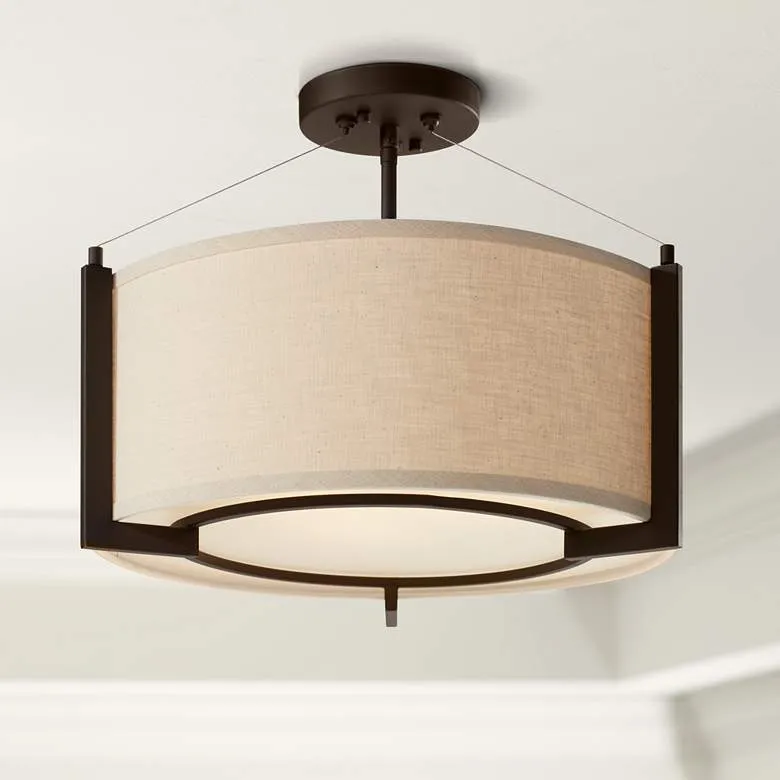Possini Euro Stinson 17 1/4" Linen and Bronze 3-Light Ceiling Light