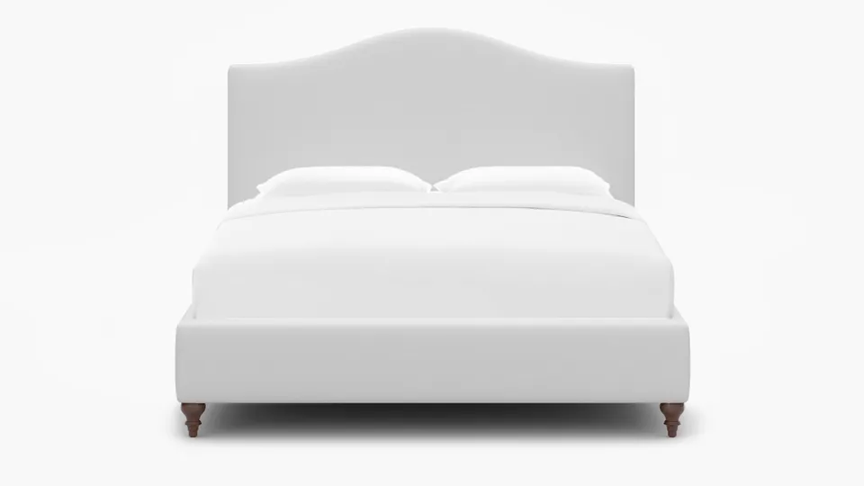 Camelback Bed, Talc Everyday Linen, Walnut Traditional Turned Leg, Queen