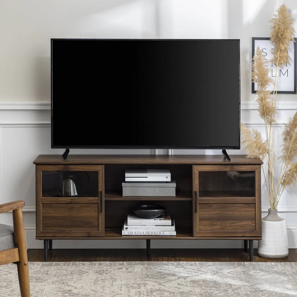 Owen 58" Glass and Wood Split Panel Door TV Console - Dark Walnut