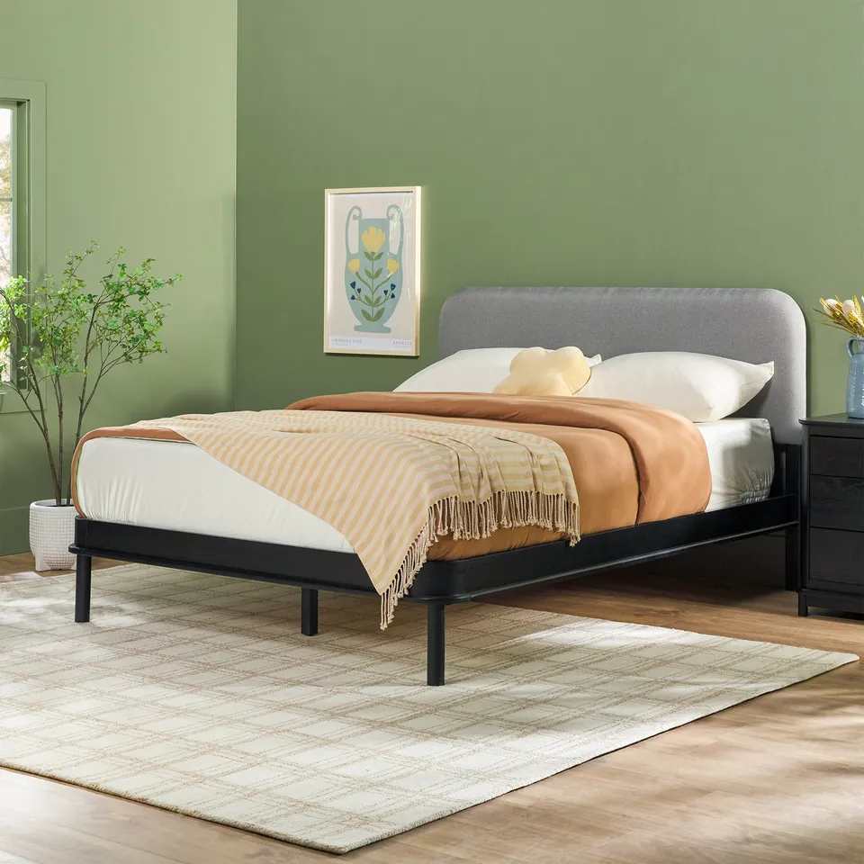 Contemporary Solid Wood Queen Bed with Curved Headboard - Black/Grey