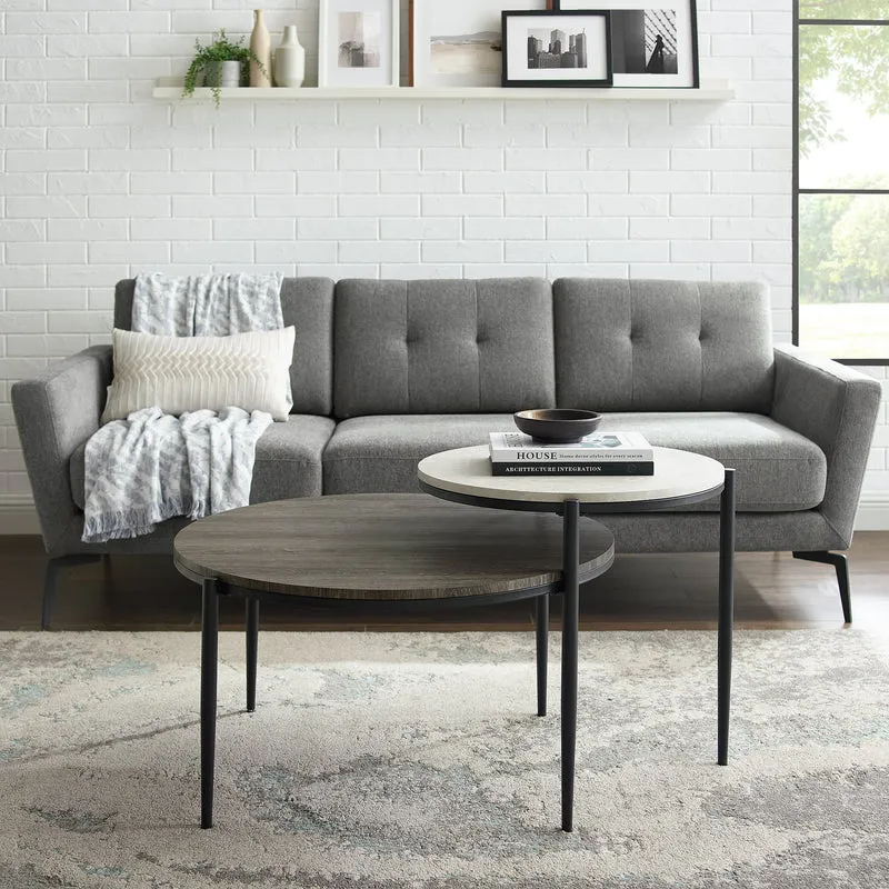 Ella Round Tiered Two-Tone Coffee Table - Faux Light Grey Marble/Cerused Ash