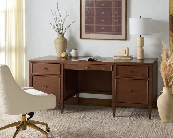 Ariella 5 Drawer Wood Desk - Walnut