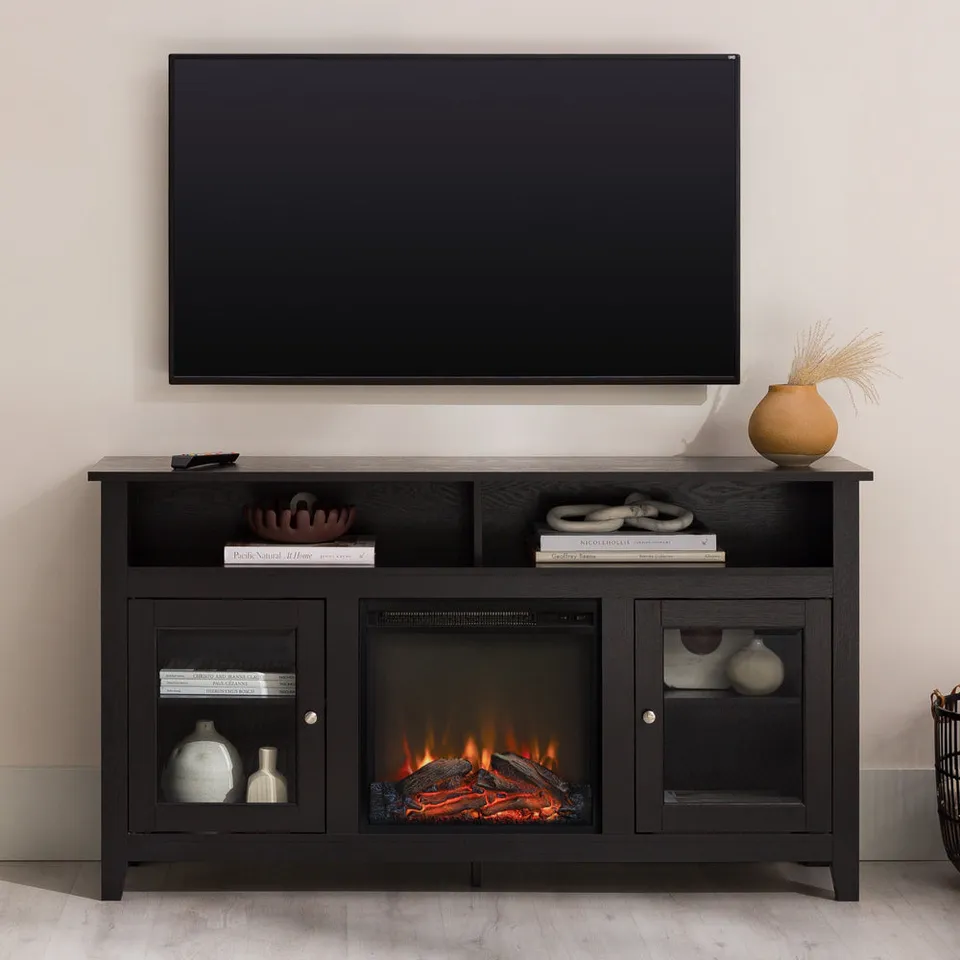 Wasatch 58" Transitional Fireplace Glass Wood TV Stand - Driftwood