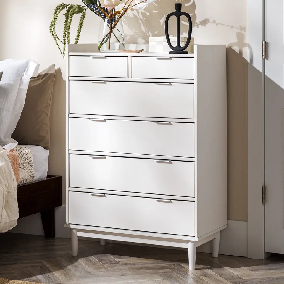 Mid-Century Modern Solid Wood 6-Drawer Dresser – White 
