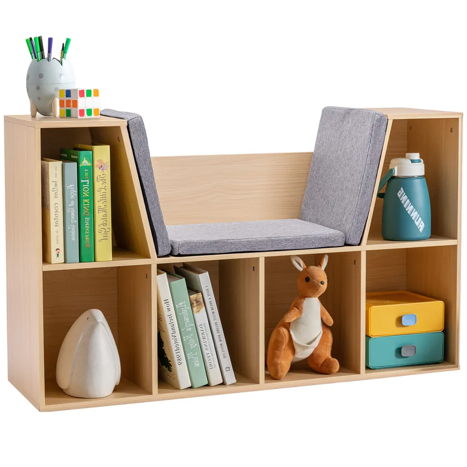 Modern 6 Cubby Natural Wood Reading Nook Bench