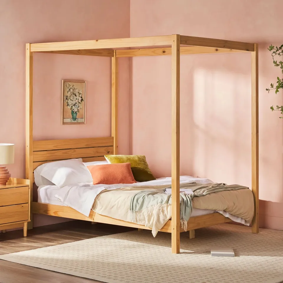 Minimalist Solid Wood Canopy Full Bed - Natural