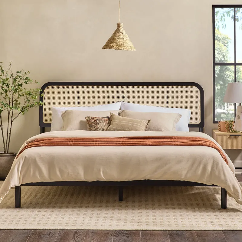 Boho Curved Rattan Headboard King Bed – Black