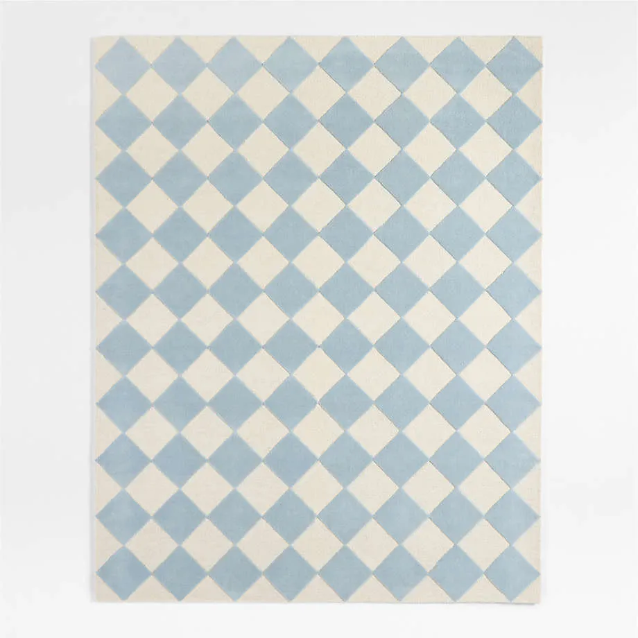 Checkerboard Blue Wool Kids Area Rug 5'x8'