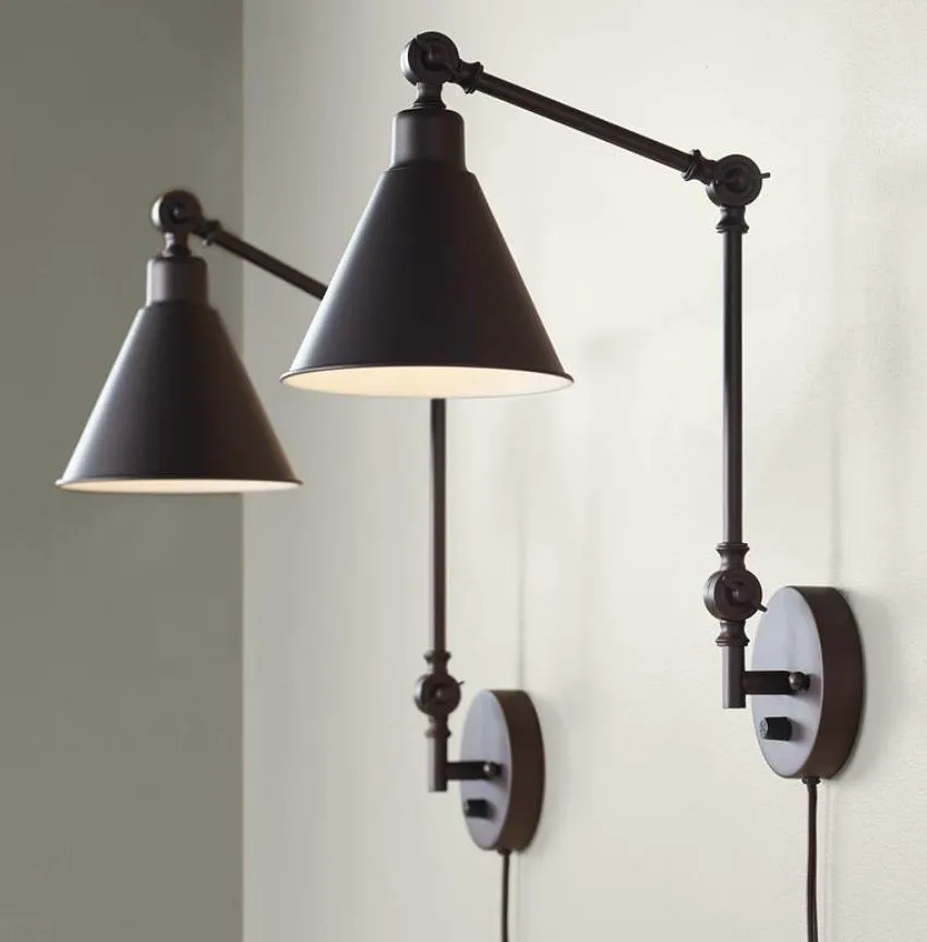 360 Lighting Wray Bronze Metal Adjustable Plug-In Wall Lamps Set of 2