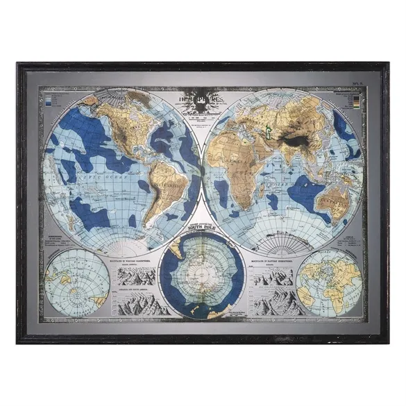 Mirrored World Map - Distressed black frame