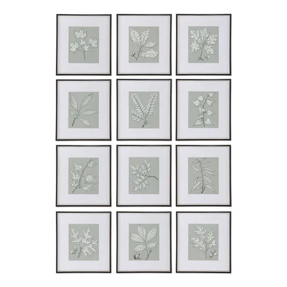 Leaves On Taupe, S/12-18" x 20" -Framed ( champagne silver)