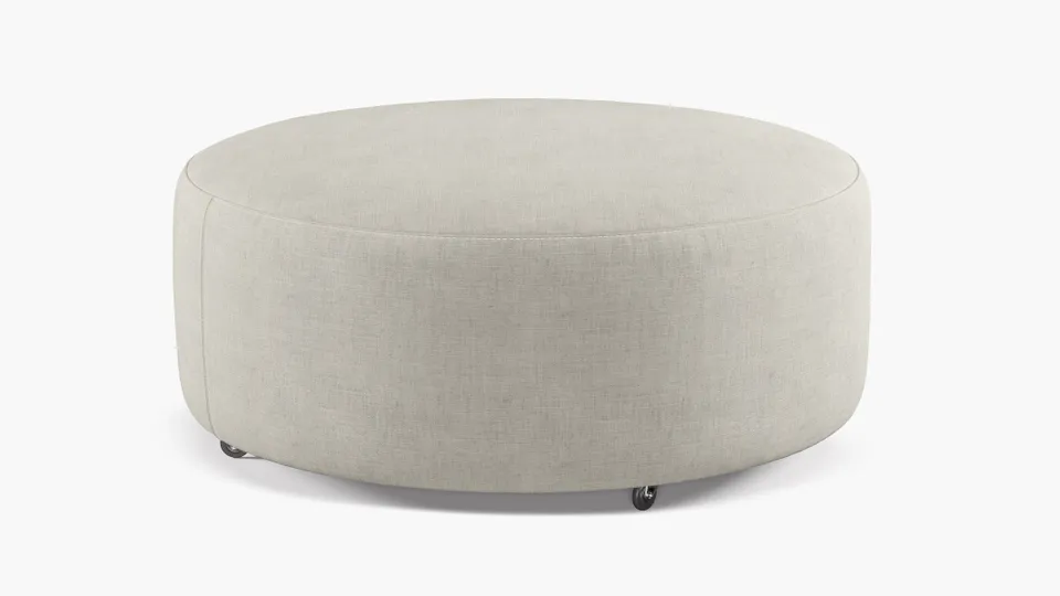 Round Cocktail Ottoman, Ivory Luxe Linen