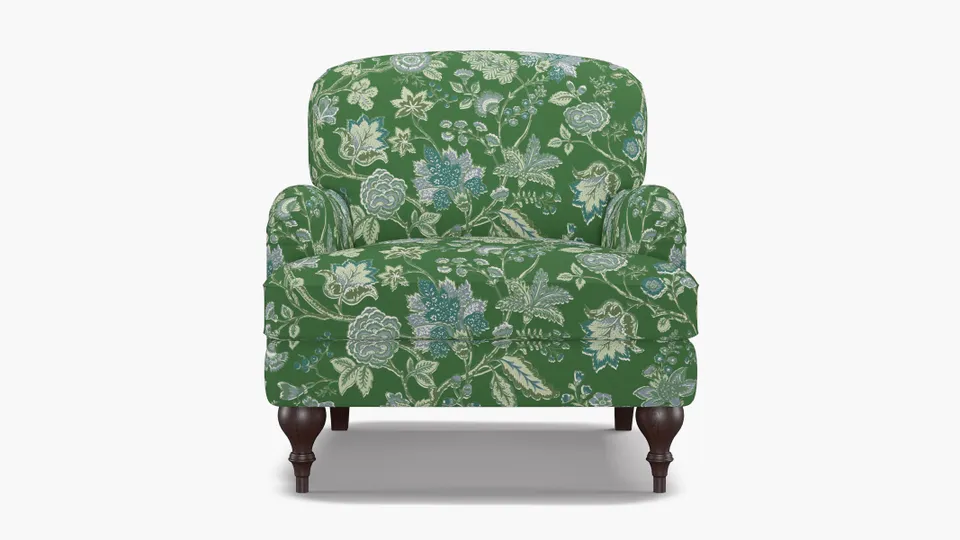 English Roll Arm Chair, Green La Vendee, Espresso Turned Wood Leg