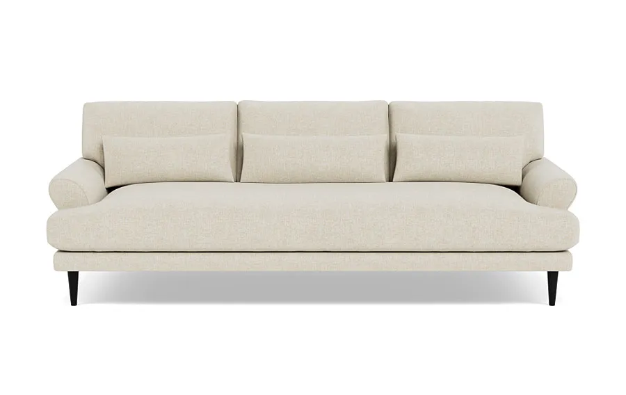 Maxwell Fabric Sofa, bench seating, 37"Depth, black tapered round legs