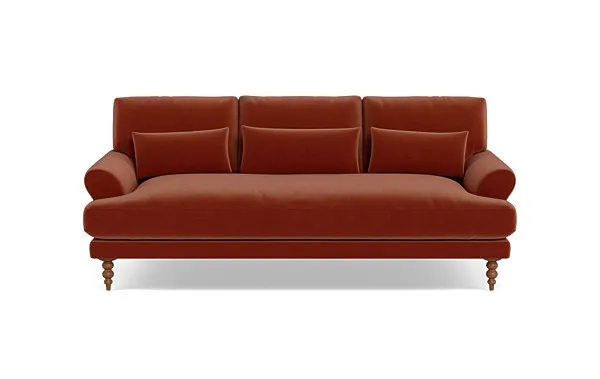 Maxwell Loveseat, Rust Performance Velvet, Oiled Walnut Taper Turned Wood Legs, 74" Length, 37" Depth, Bench Cushion- Seat Cushion , Standard Down Blend Cushion Fill.