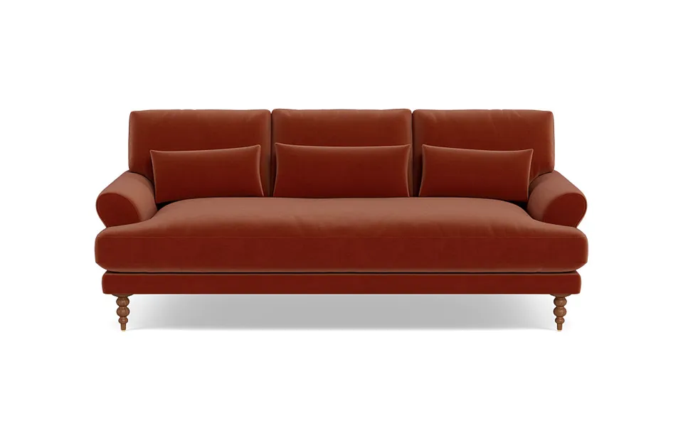 Maxwell Loveseat - Rust Performance Velvet, Oiled Walnut Taper Turned Wood Legs, 78" Length, 37" Depth, Bench Cushion- Seat Cushion , Standard Down Blend Cushion Fill.