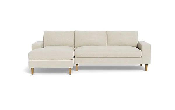 Saylor Wide Arm  Chaise Sectional, Left Chaise, Natural Oak Tapered Square Leg, 38” Depth, 61” Chaise Length, 38” Chaise Width, 115” Length, Bench Cushion, Standard Gel Plush Cushion Fill