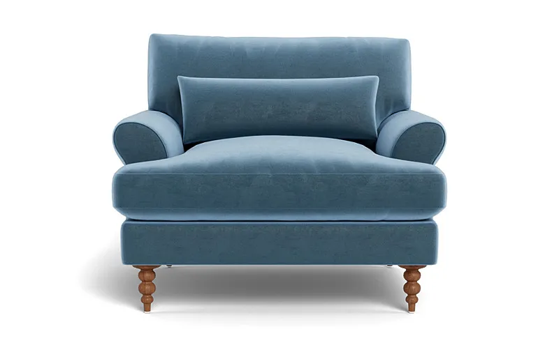 Maxwell Accent Chair - French Plush Performance Velvet - Oiled Walnut Tapered Turned Wood Leg -18" Seat - 37x37" Size - Down Alternative Cushion Fill