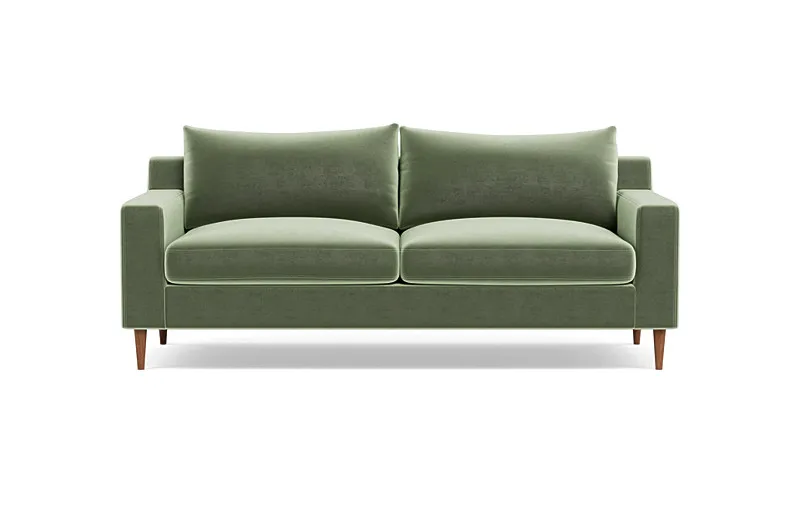 Sloan Fabric 2-Seat Sofa | 91"W x 36"D x 35"H | Celadon Performance Plush Velvet | Oiled Walnut Tapered Round Wood Leg | 2 Cushions | Down Alternative Fill