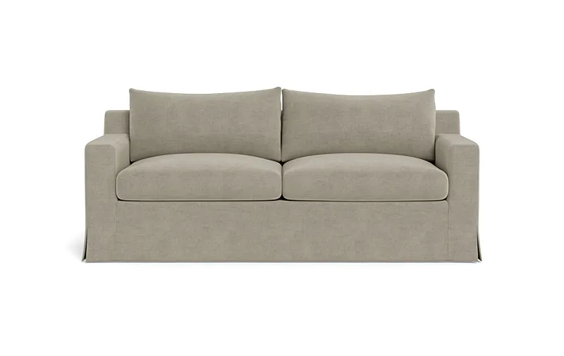 Sloan Slipcovered 2-Seat Sofa | 75"W x 36"D | Platinum Performance Velvet | Natural Oak Tapered Turned Round Wood Leg | 2 Cushions | Down Alternative Fill