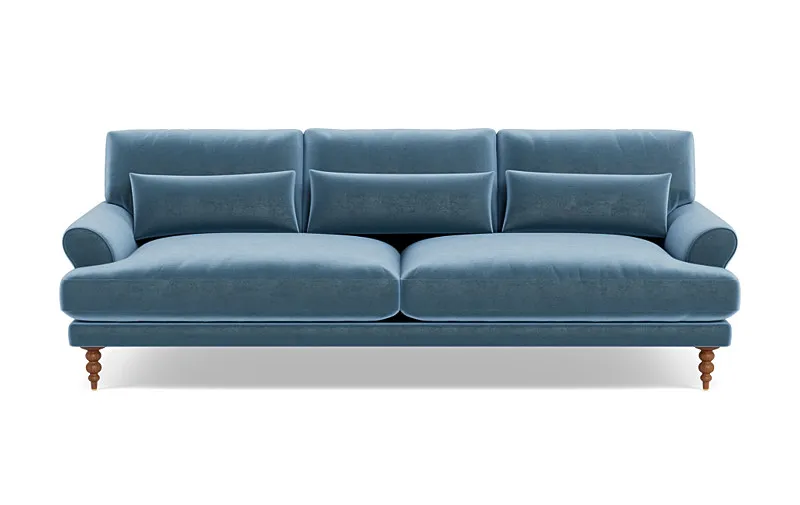 Maxwell Fabric Sofa by Apartment Therapy | French Performance Plush Velvet | Oiled Walnut Tapered Turned Wood Leg | 90"x42" | 2 Cushions | Down Alternative Fill