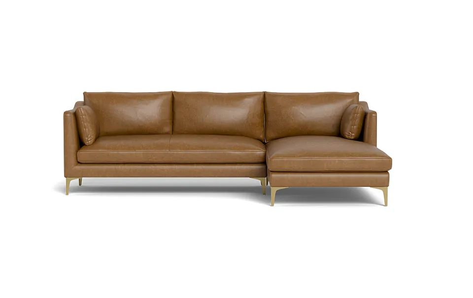 Caitlin Leather Right Chaise Sectional by The Everygirl | | Palomino | 118" x 41" | 75" x 38" Chaise | 2 Cushions | Down Alt Fill