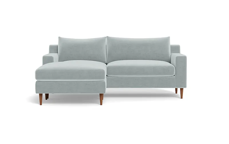 Sloan 2-Seat Reversible Chaise Sectional | 75"W x 36"D | 63" Chaise | Spa Performance Velvet | Oiled Walnut Tapered Round Wood Leg | Down Alternative Cushion Fill