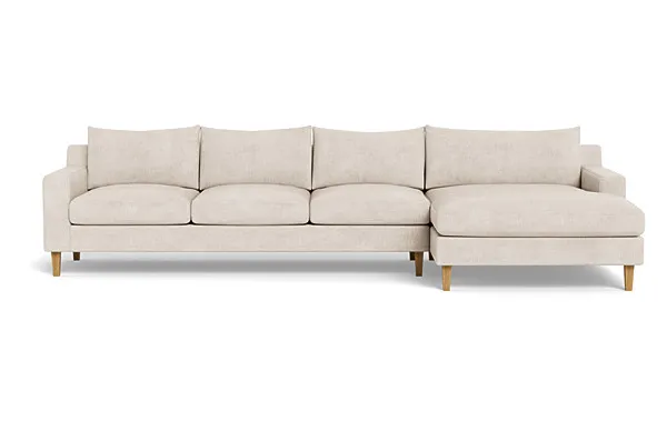 Sloan 4-Seat  Chaise Sectional, 134" length, 40" Deep, Square Tapered Oak Leg, Down Alternative Fill, Extra Wide Chaise, Standard Depth Chaise