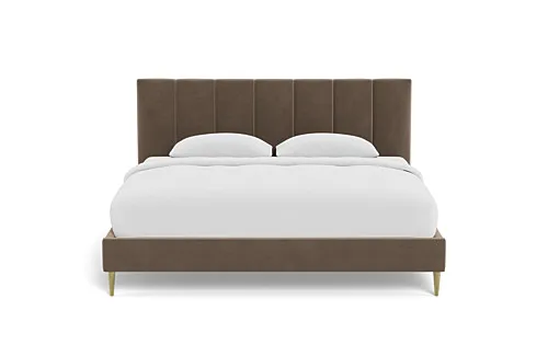 Lowen Upholstered Bed with Channel Tufting, Brass Plated Tapered Round