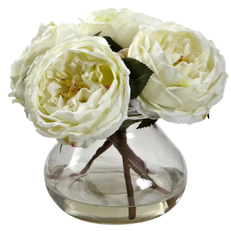 Fancy Rose with Clear Vase, White