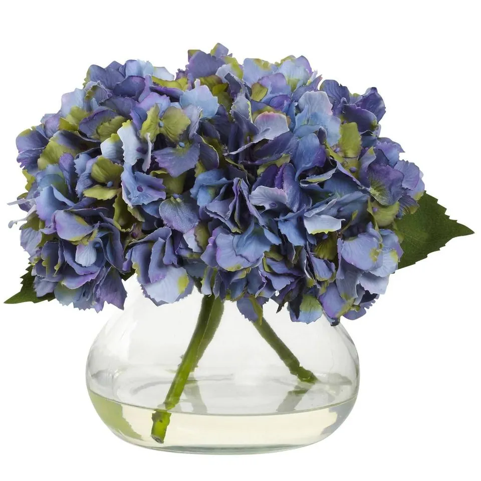 Blooming Hydrangea with Clear Vase, Blue